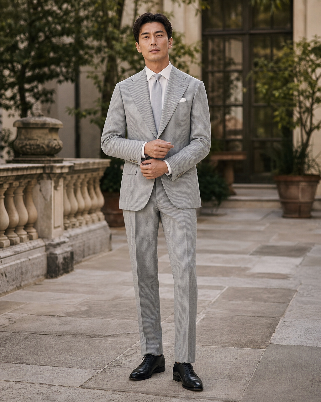 Gray Seersucker Outdoor Wedding Suit — Custom Made to Measure front view