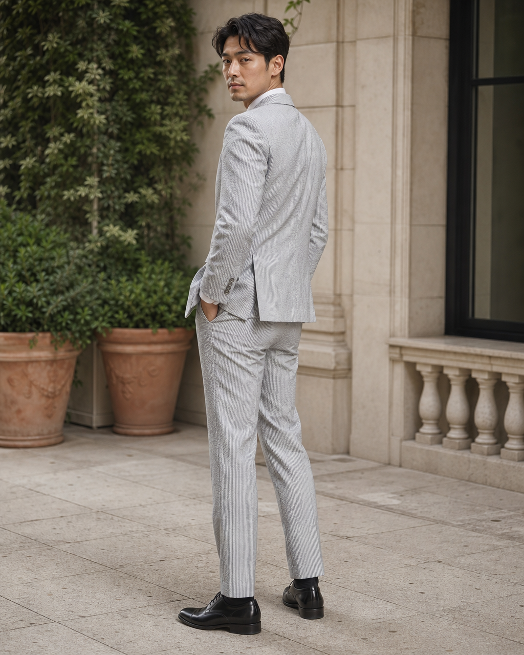 Gray Seersucker Outdoor Wedding Suit — Custom Made to Measure side back view