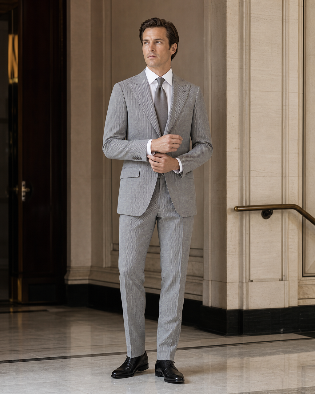 Gray Seersucker Summer Suit - Custom Made to Measure front view