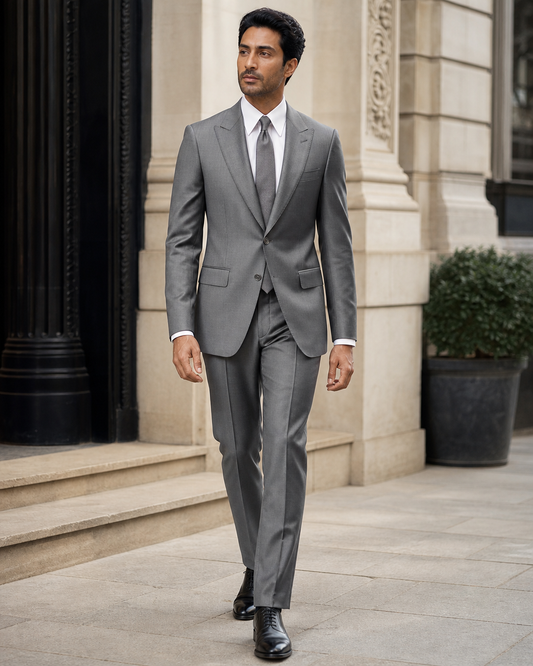 Gray Silk Blend Peak Lapel Suit - Custom Made to Measure front view