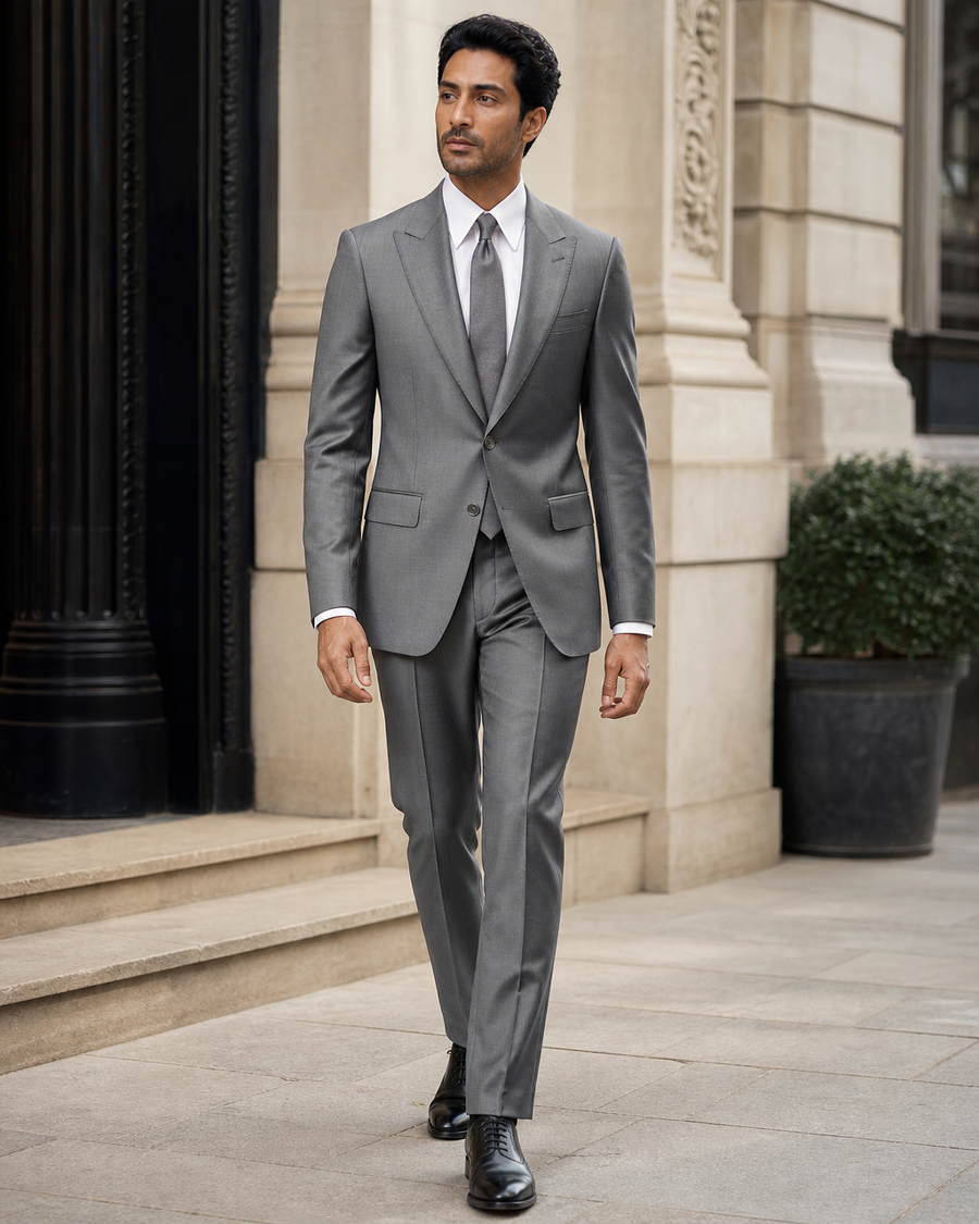 Gray Silk Blend Peak Lapel Suit — Custom Made to Measure