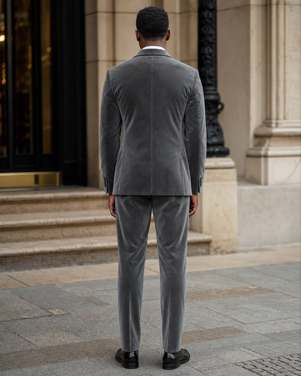 Gray Velvet Shawl Lapel Suit - Custom Made to Measure back view