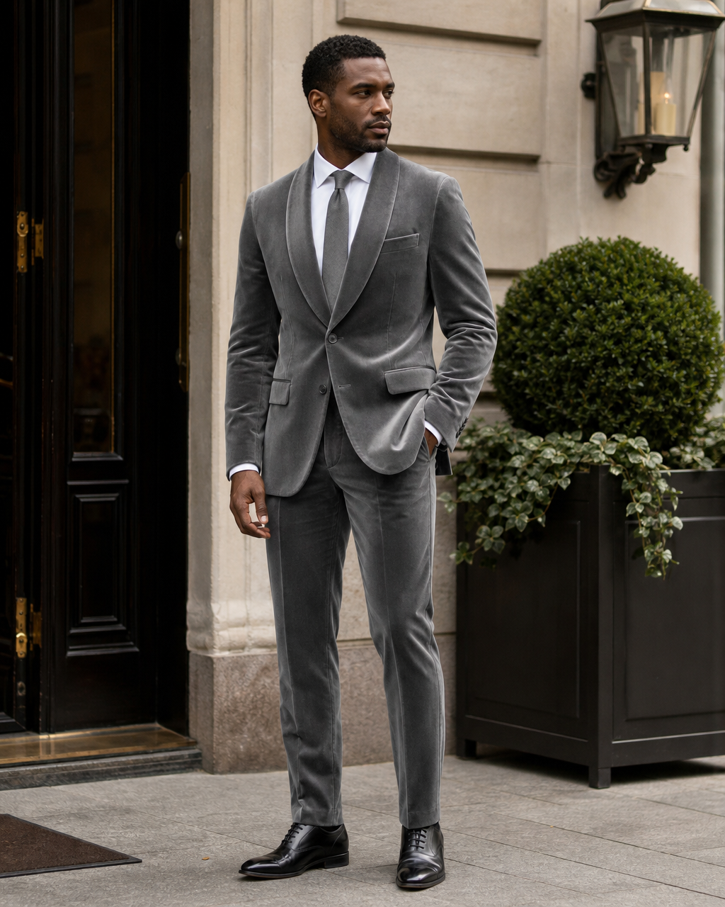 Gray Velvet Shawl Lapel Suit - Custom Made to Measure fabric texture close up