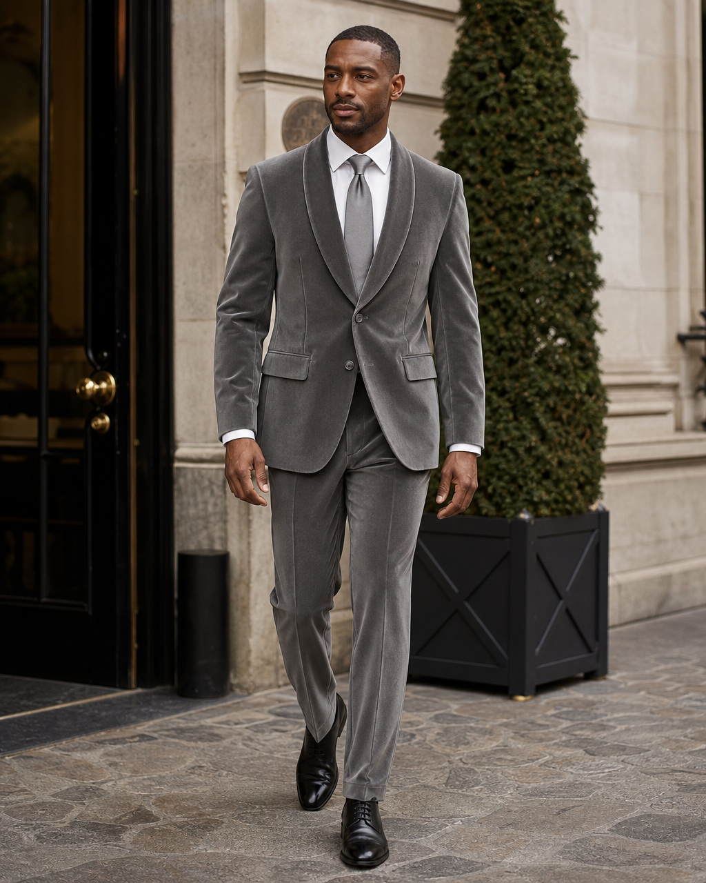Gray Velvet Shawl Lapel Suit - Custom Made to Measure front view