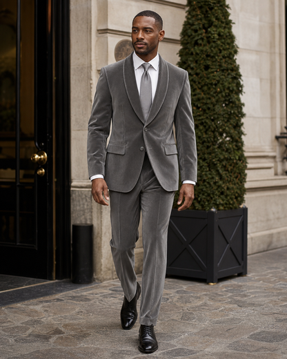 Gray Velvet Shawl Lapel Suit - Custom Made to Measure front view