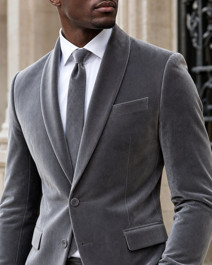 Gray Velvet Shawl Lapel Suit - Custom Made to Measure lapel chest close up