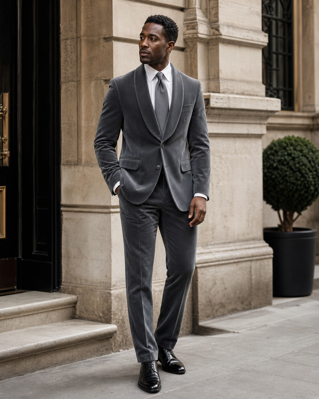 Gray Velvet Shawl Lapel Suit - Custom Made to Measure side three quarter view