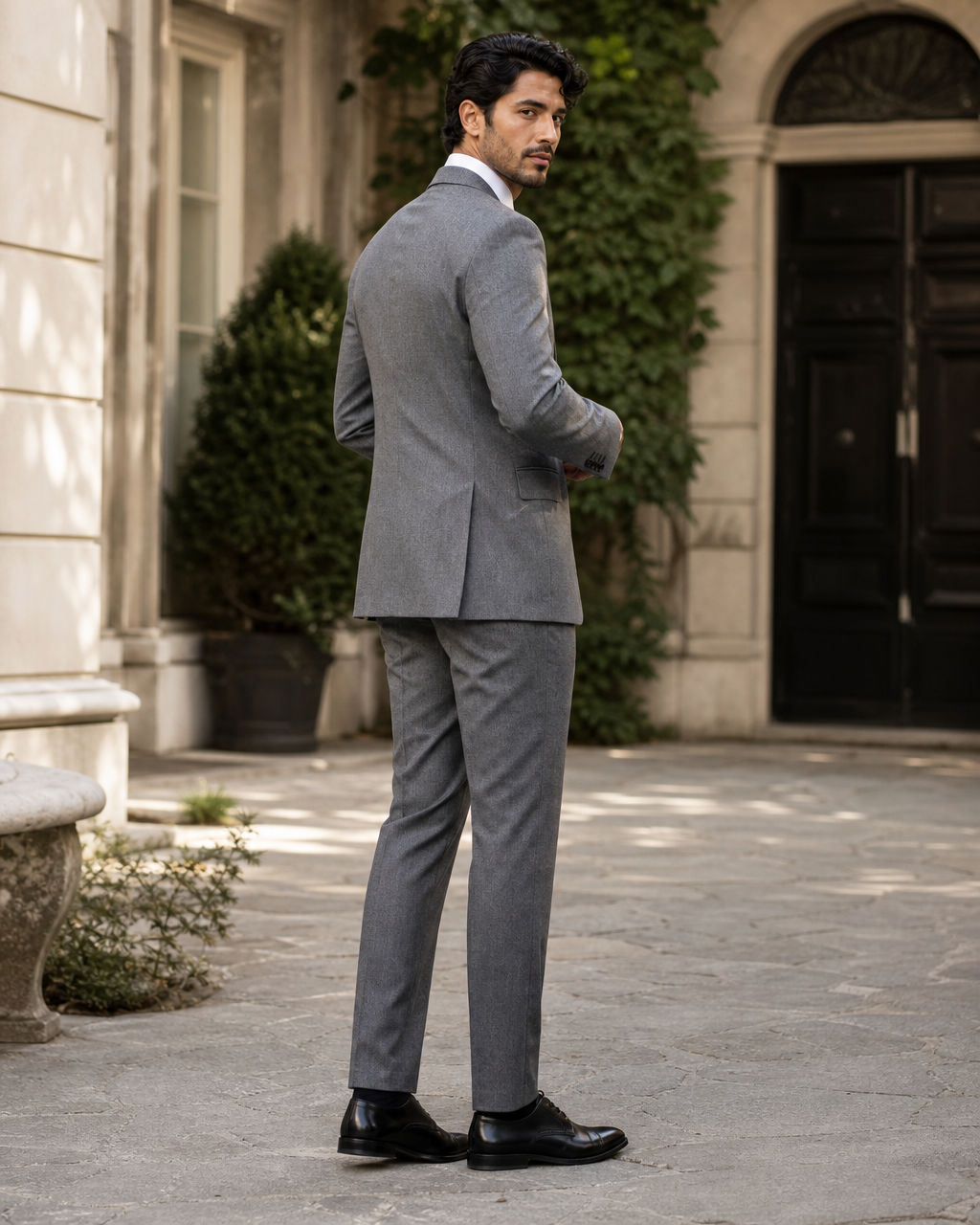 Gray Wool Outdoor Wedding Suit — Custom Made to Measure side back view
