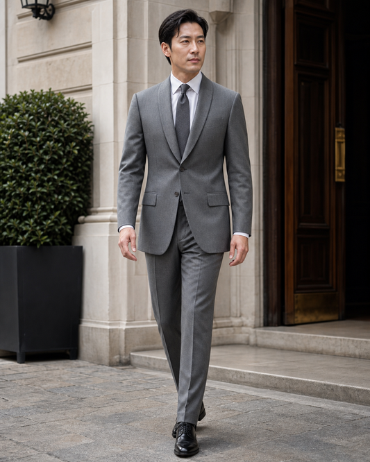 Gray Wool Shawl Lapel Suit - Custom Made to Measure front view