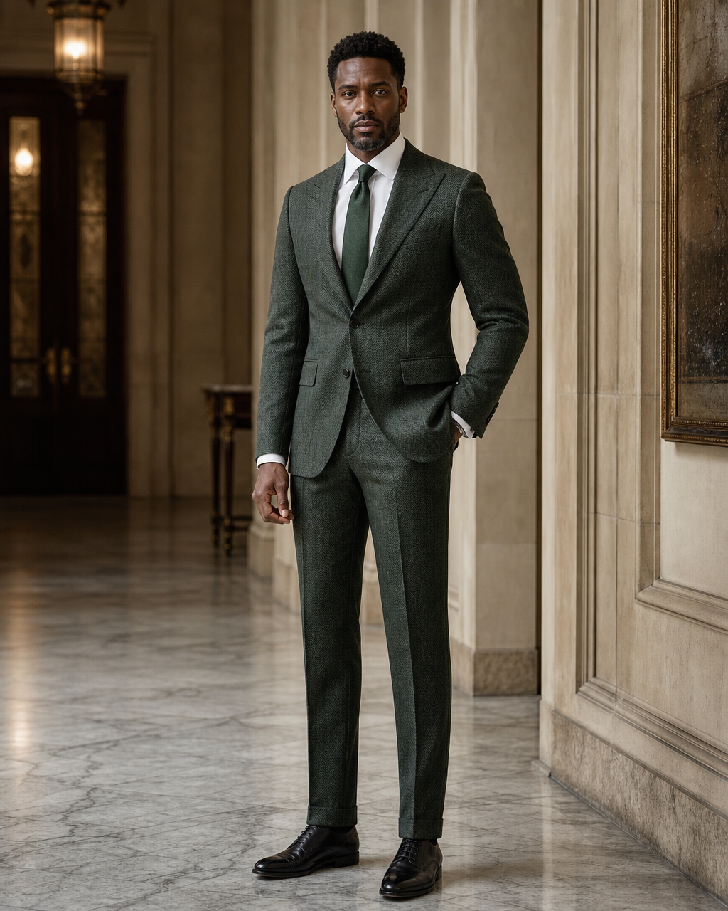 Green Herringbone Winter Suit - Custom Made to Measure side back view