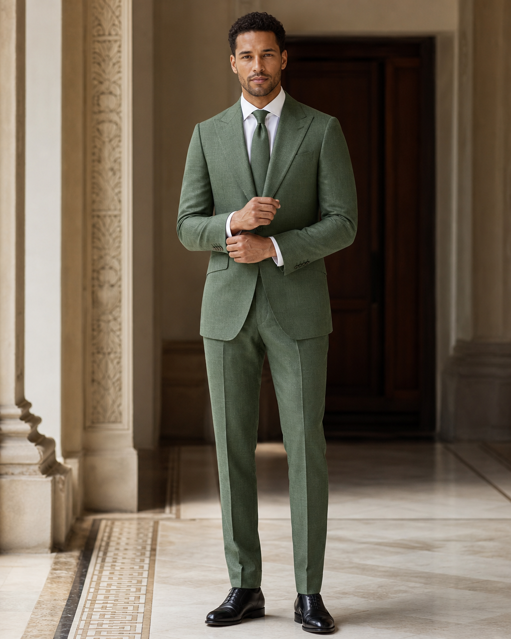 Green Linen Beach Wedding Suit - Custom Made to Measure front view