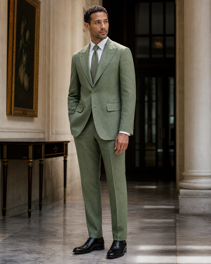 Green Linen Beach Wedding Suit - Custom Made to Measure side back view