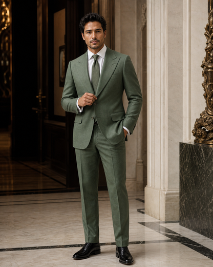 Green Linen Outdoor Wedding Suit - Custom Made to Measure front view