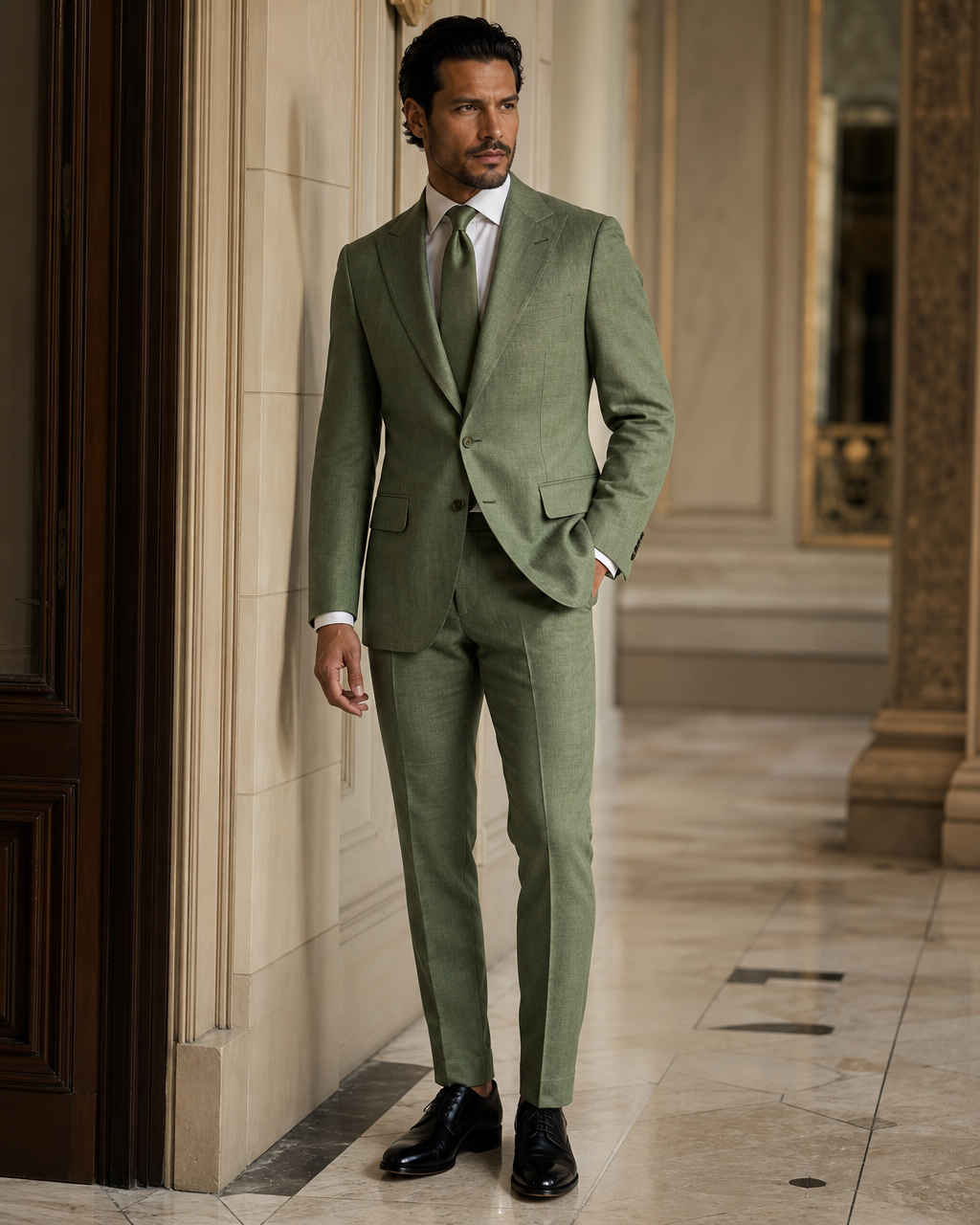 Green Linen Outdoor Wedding Suit - Custom Made to Measure side back view