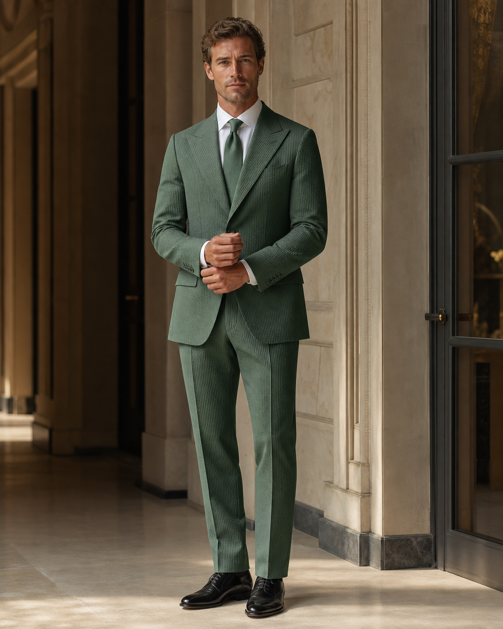 Green Seersucker Beach Wedding Suit - Custom Made to Measure front view