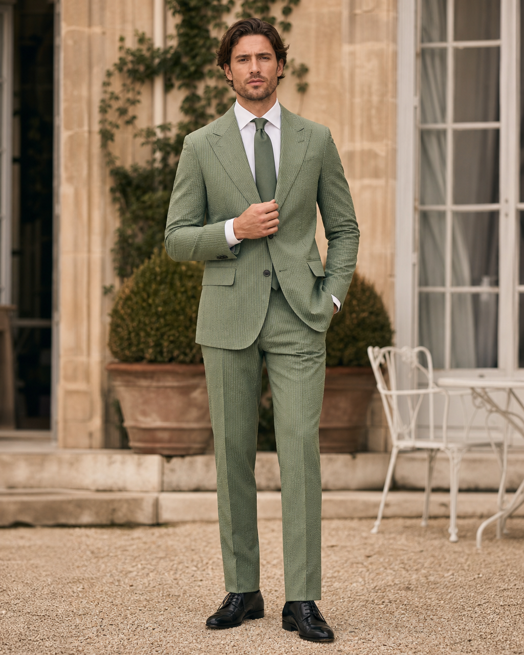 Green Seersucker Outdoor Wedding Suit — Custom Made to Measure front view