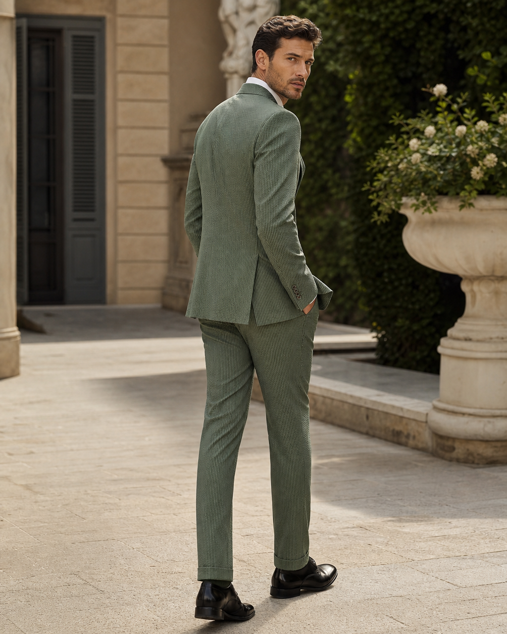 Green Seersucker Outdoor Wedding Suit — Custom Made to Measure side back view