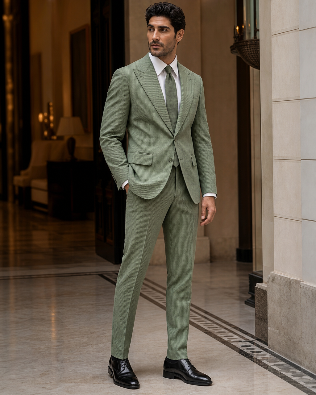 Green Seersucker Summer Suit - Custom Made to Measure side back view