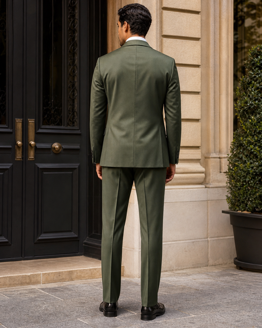 Green Silk Blend Peak Lapel Suit - Custom Made to Measure back view