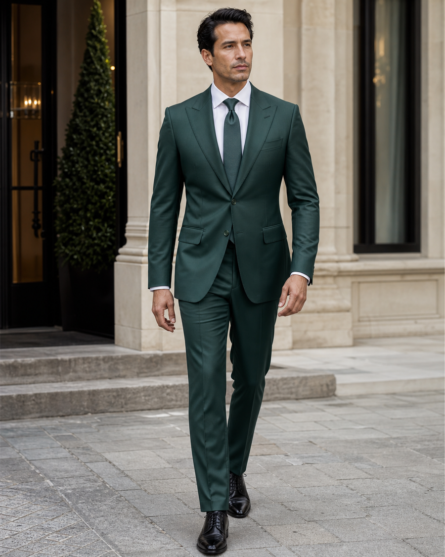 Green Silk Blend Peak Lapel Suit — Custom Made to Measure