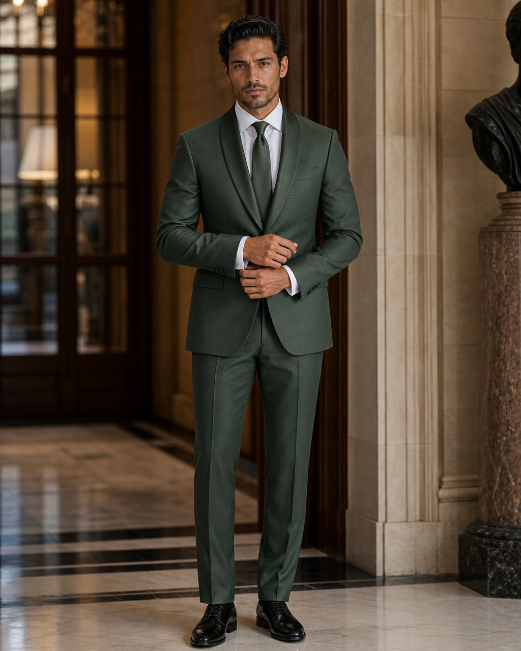 Green Silk Blend Shawl Lapel Suit - Custom Made to Measure front view