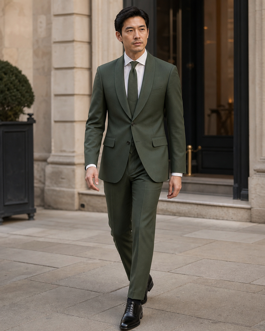 Green Wool Shawl Lapel Suit - Custom Made to Measure front view