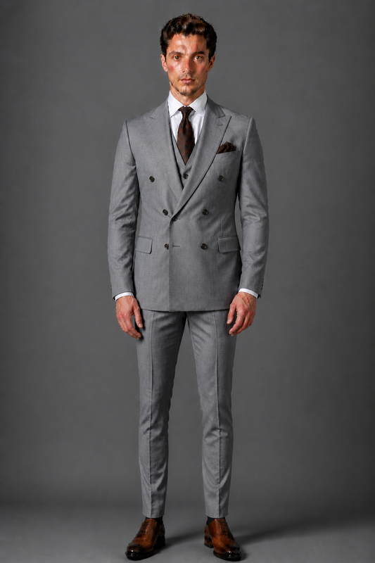Grey Silk Blend Double Breasted Suit — Custom Made to Measure