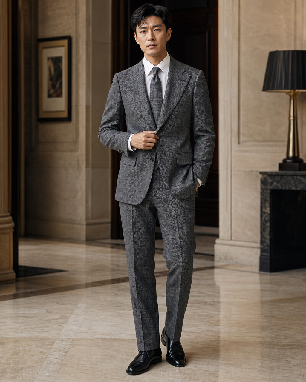 Grey Herringbone Winter Suit - Custom Made to Measure front view