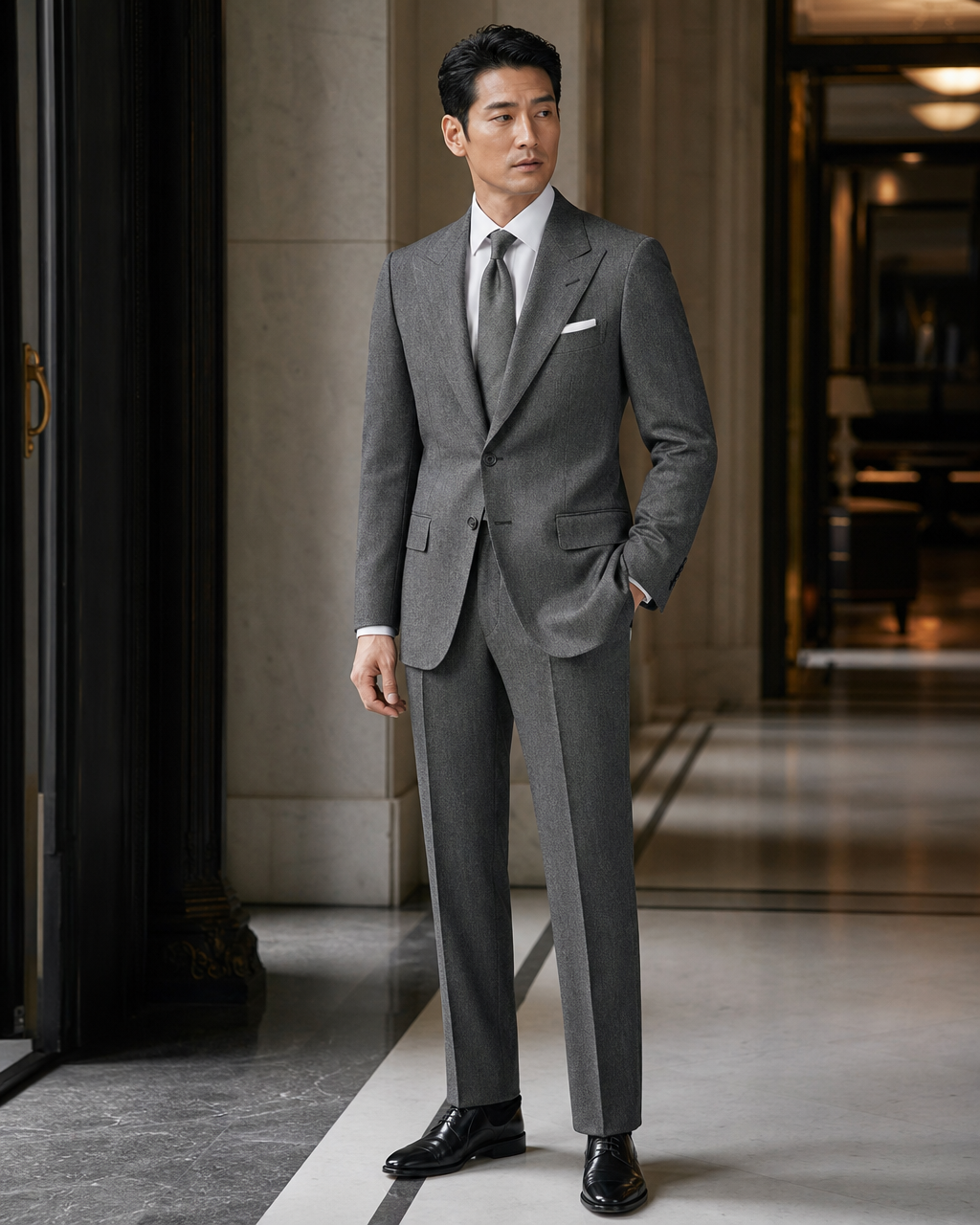 Grey Herringbone Winter Suit - Custom Made to Measure side back view