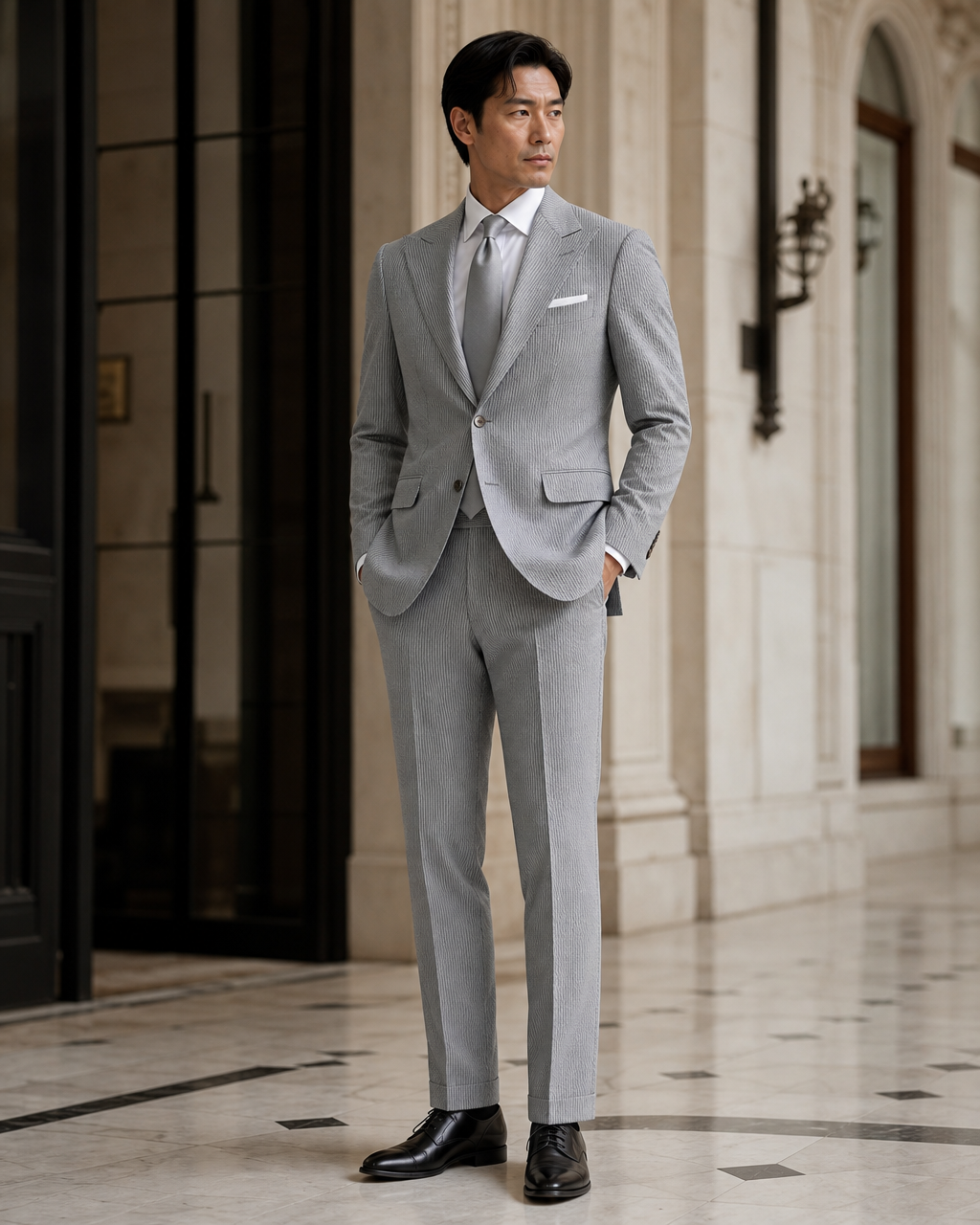 Grey Seersucker Beach Wedding Suit - Custom Made to Measure side back view