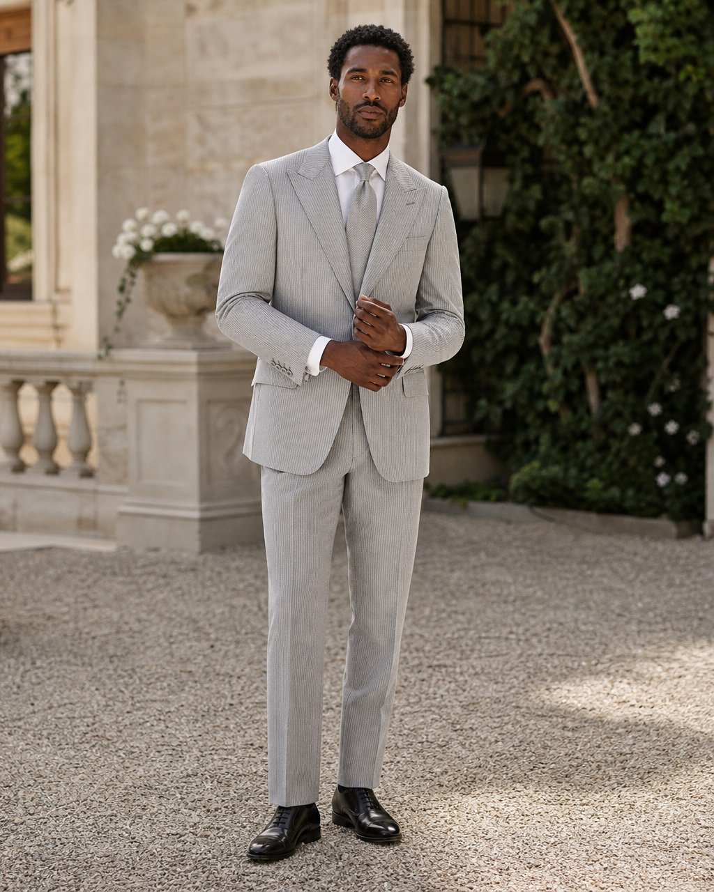Grey Seersucker Outdoor Wedding Suit — Custom Made to Measure front view