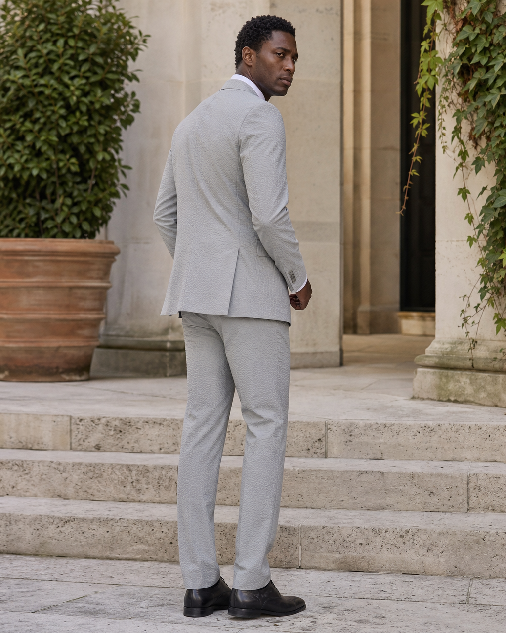 Grey Seersucker Outdoor Wedding Suit — Custom Made to Measure side back view
