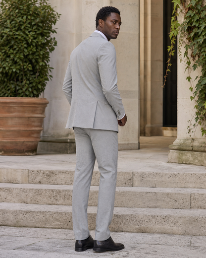 Grey Seersucker Outdoor Wedding Suit — Custom Made to Measure side back view