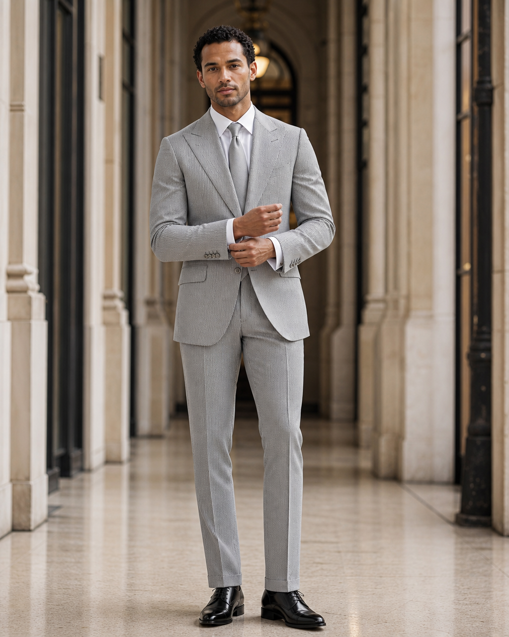 Grey Seersucker Summer Suit - Custom Made to Measure front view