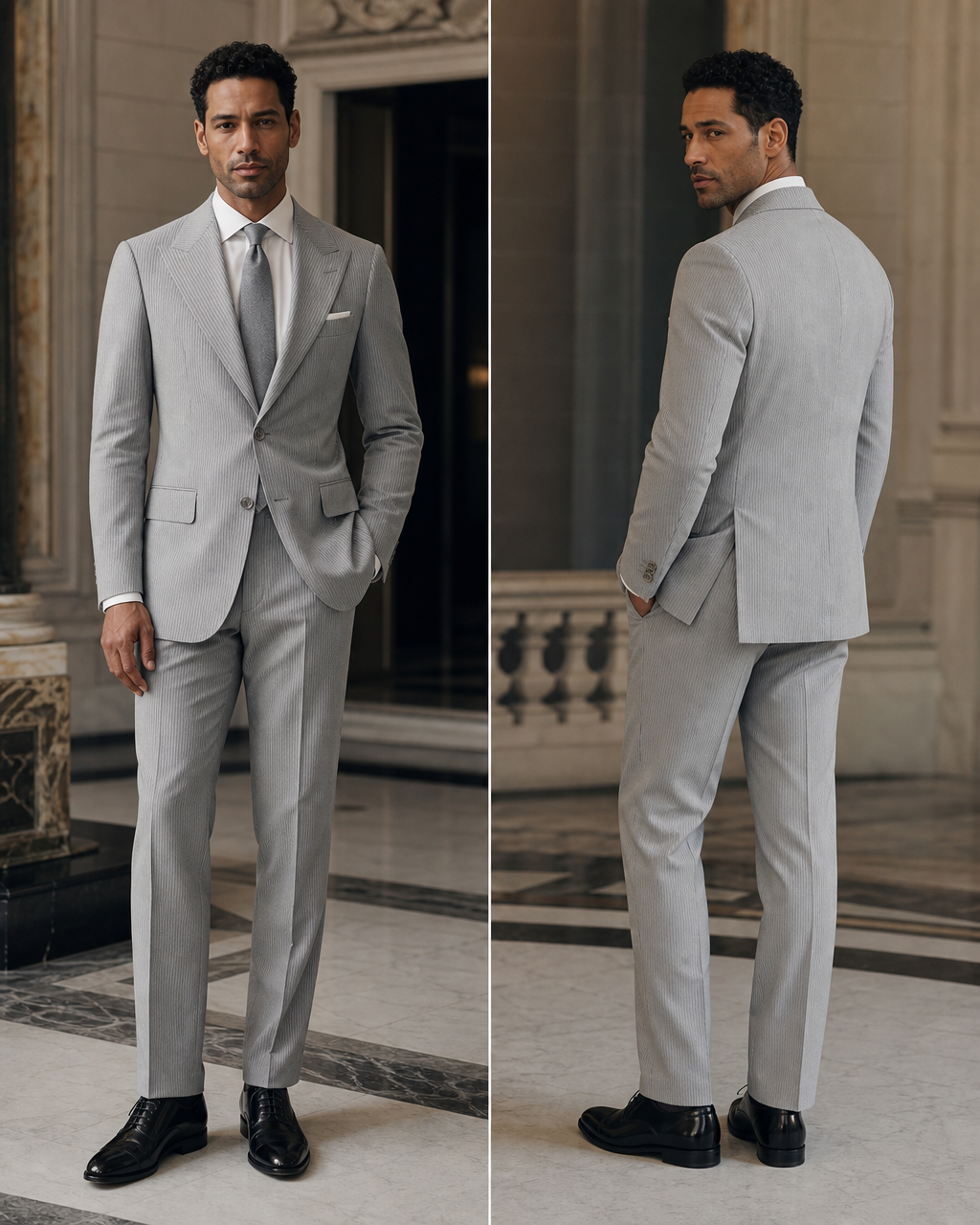 Grey Seersucker Summer Suit - Custom Made to Measure side back view
