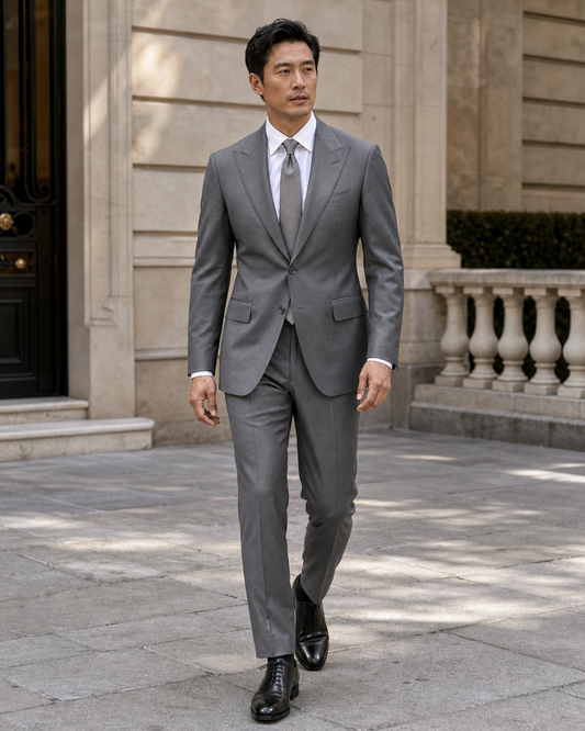 Grey Silk Blend Peak Lapel Suit - Custom Made to Measure front view