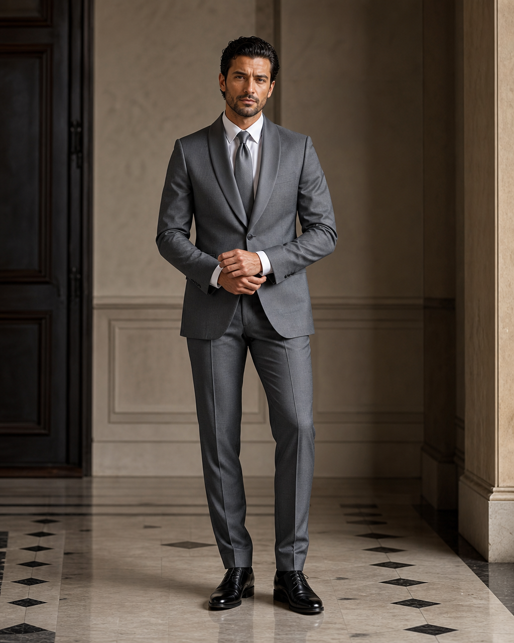 Grey Silk Blend Shawl Lapel Suit - Custom Made to Measure front view