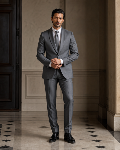 Grey Silk Blend Shawl Lapel Suit - Custom Made to Measure front view
