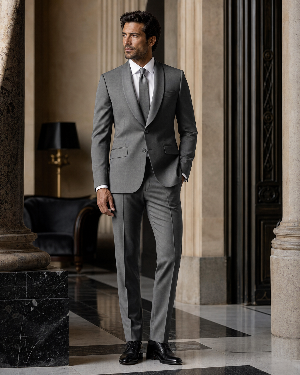 Grey Silk Blend Shawl Lapel Suit - Custom Made to Measure side back view