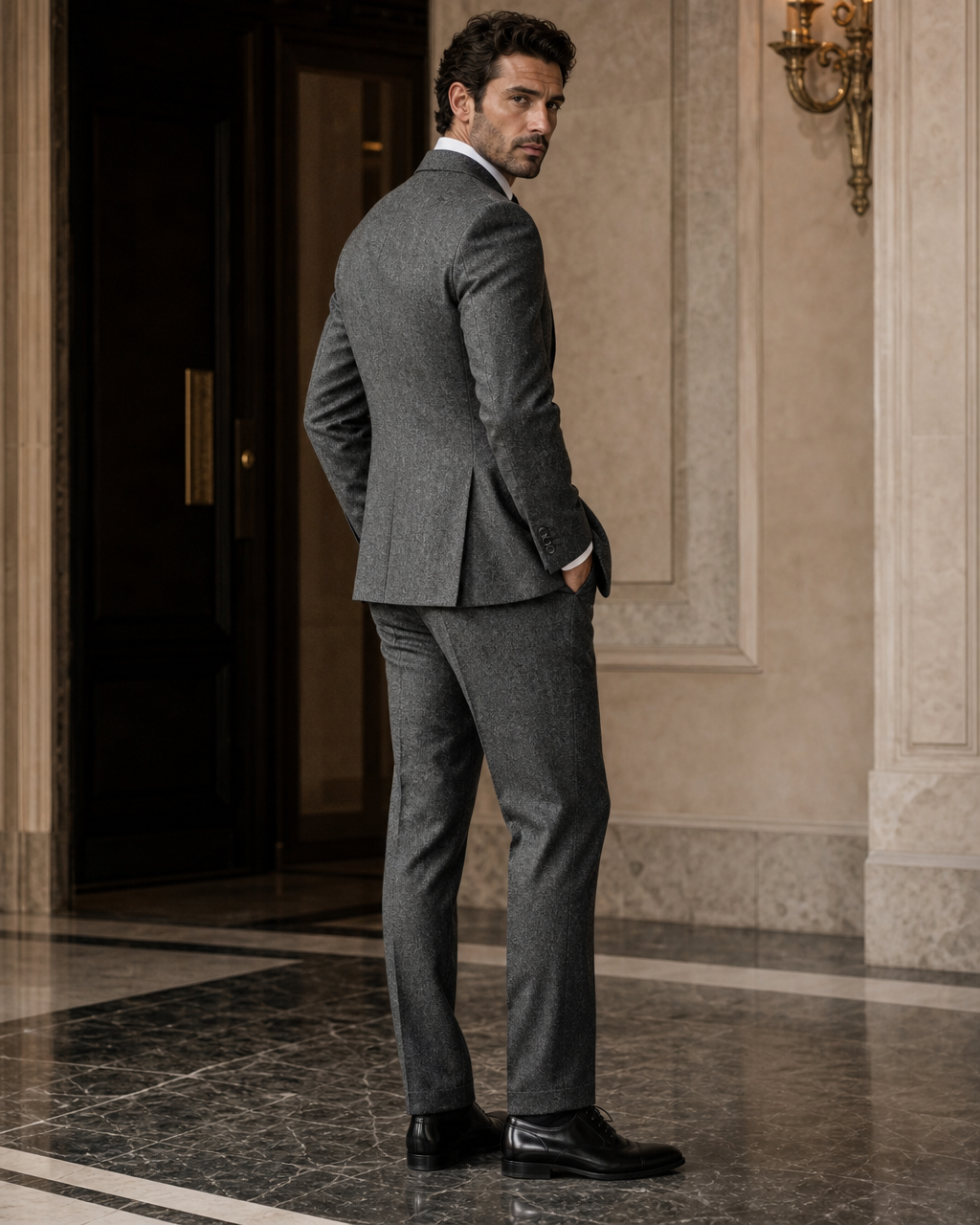 Grey Tweed Winter Suit - Custom Made to Measure side back view