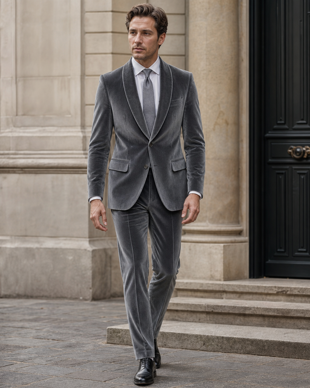 Grey Velvet Shawl Lapel Suit — Custom Made to Measure