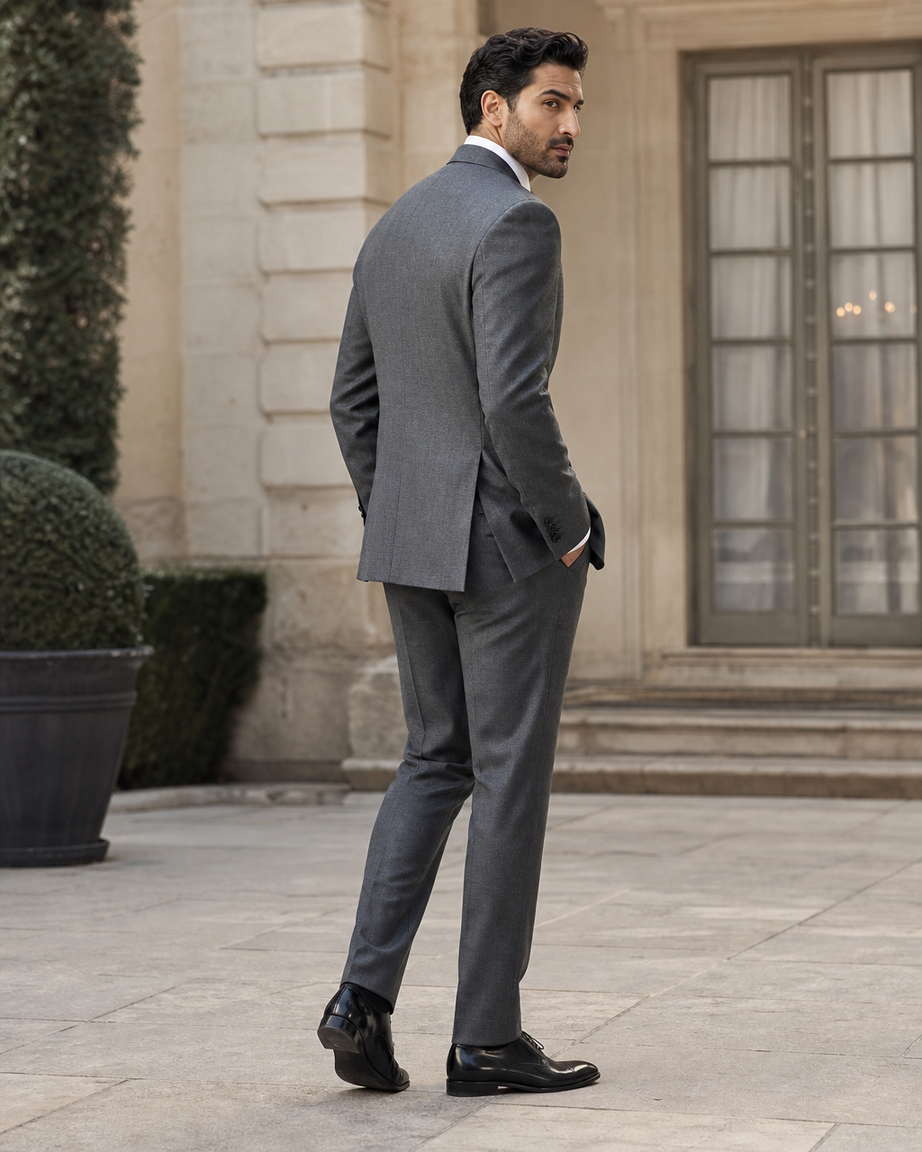 Grey Wool Outdoor Wedding Suit — Custom Made to Measure side back view