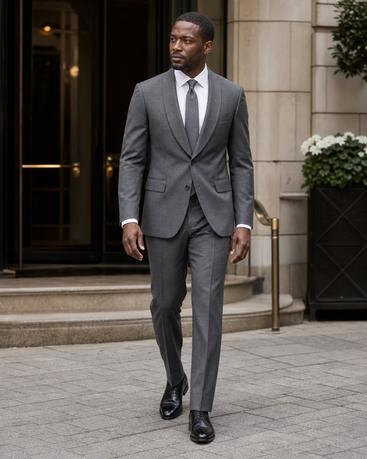 Grey Wool Shawl Lapel Suit - Custom Made to Measure front view