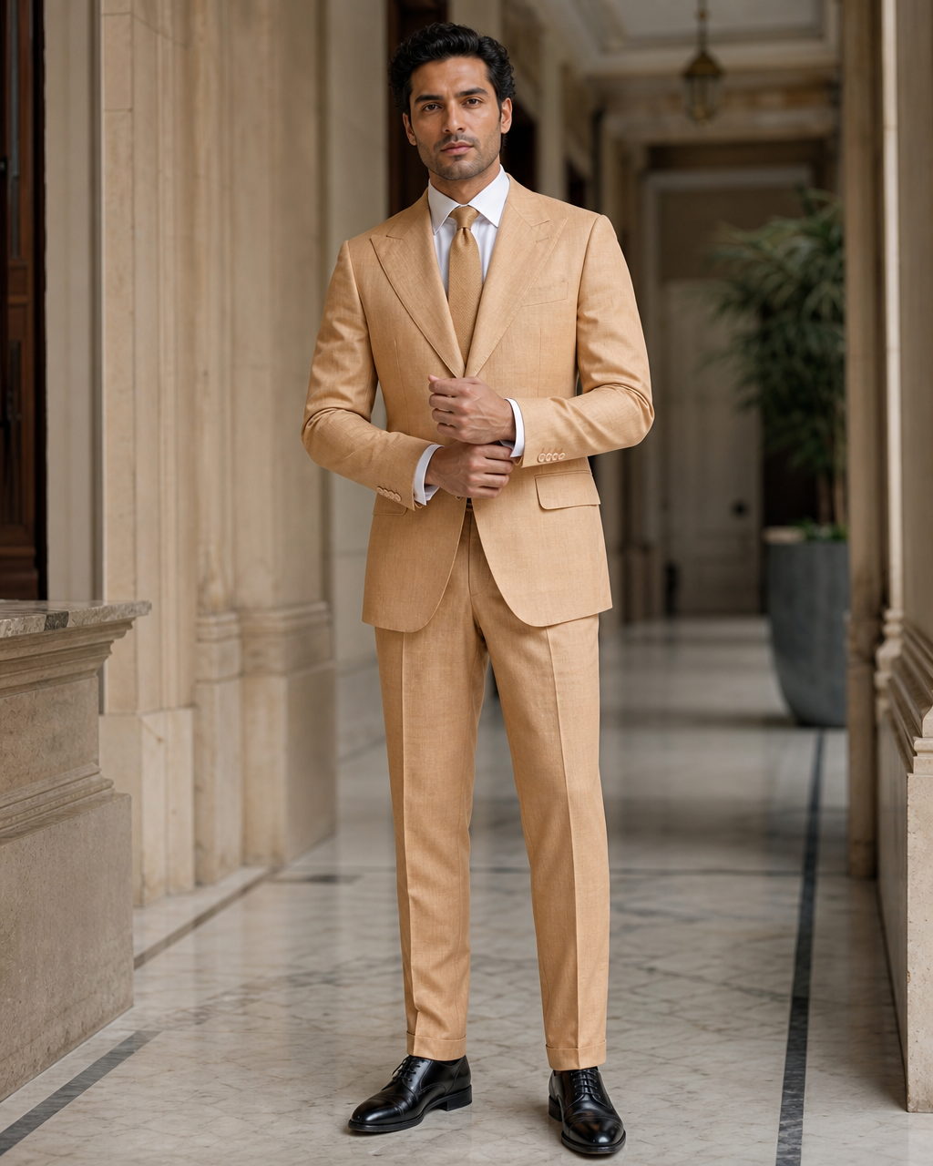 Honey Linen Outdoor Wedding Suit - Custom Made to Measure front view