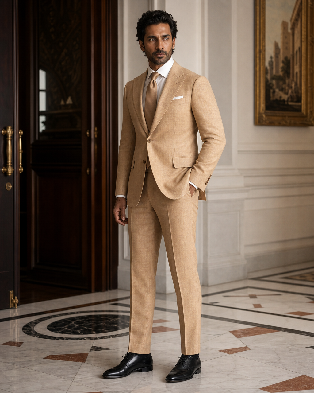 Honey Linen Outdoor Wedding Suit - Custom Made to Measure side back view