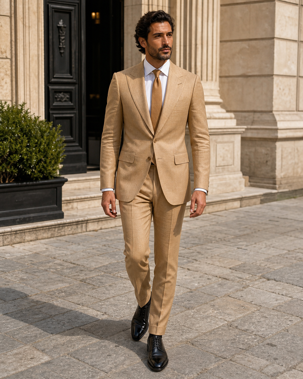 Honey Linen Peak Lapel Suit — Custom Made to Measure