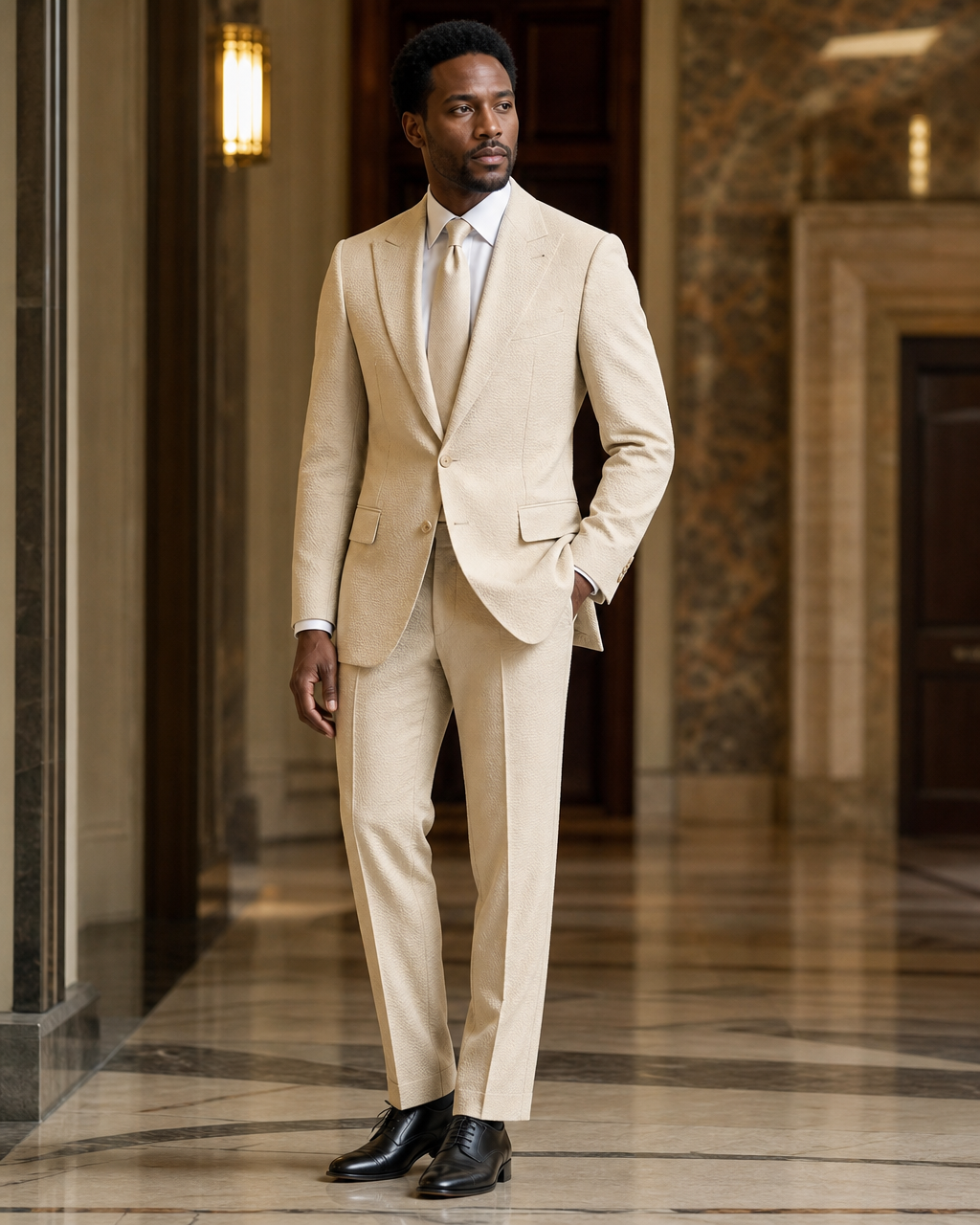 Honey Seersucker Beach Wedding Suit - Custom Made to Measure side back view