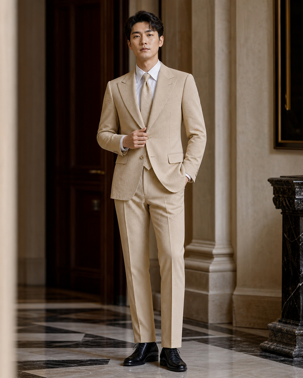 Honey Seersucker Summer Suit - Custom Made to Measure front view