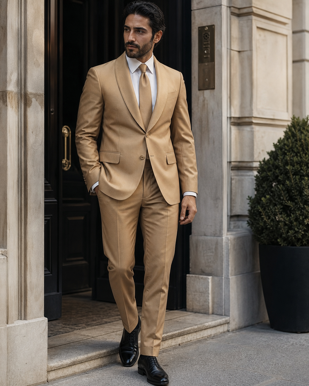 Honey Silk Blend Shawl Lapel Suit - Custom Made to Measure craftsmanship detail close up