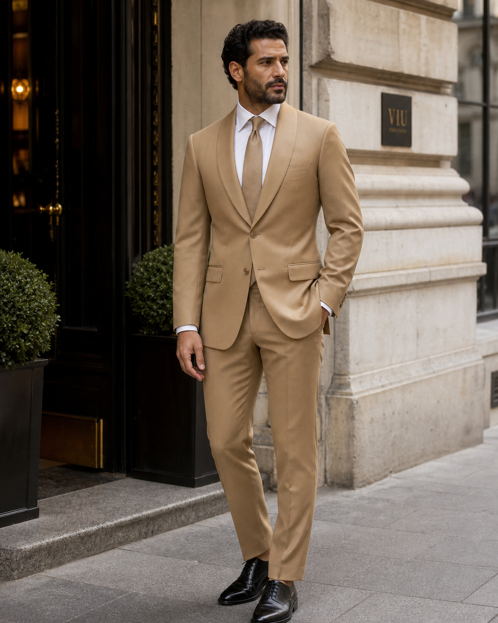 Honey Silk Blend Shawl Lapel Suit - Custom Made to Measure fabric texture close up